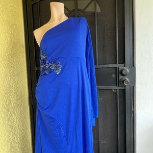 Chic One-Shoulder Blue Dress with Floral Detail